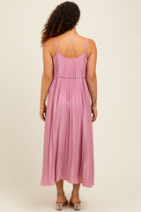 Pink Pleated Sash Tie Maternity Midi Dress
