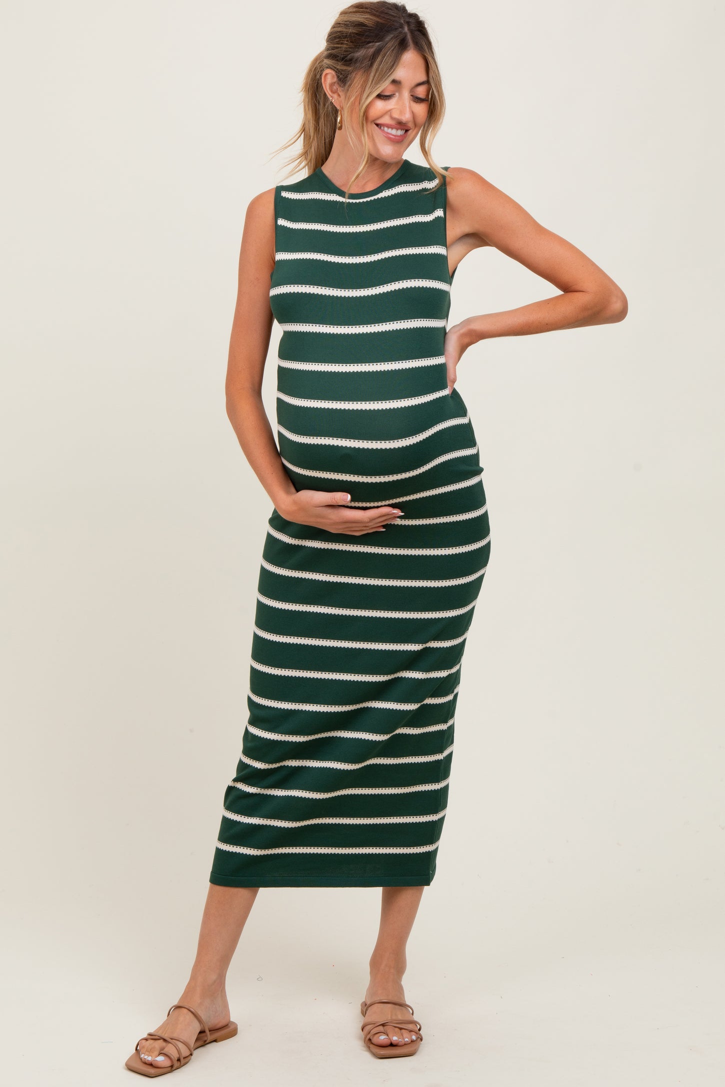 Forest Green Striped Sleeveless Knit Maternity Midi Dress