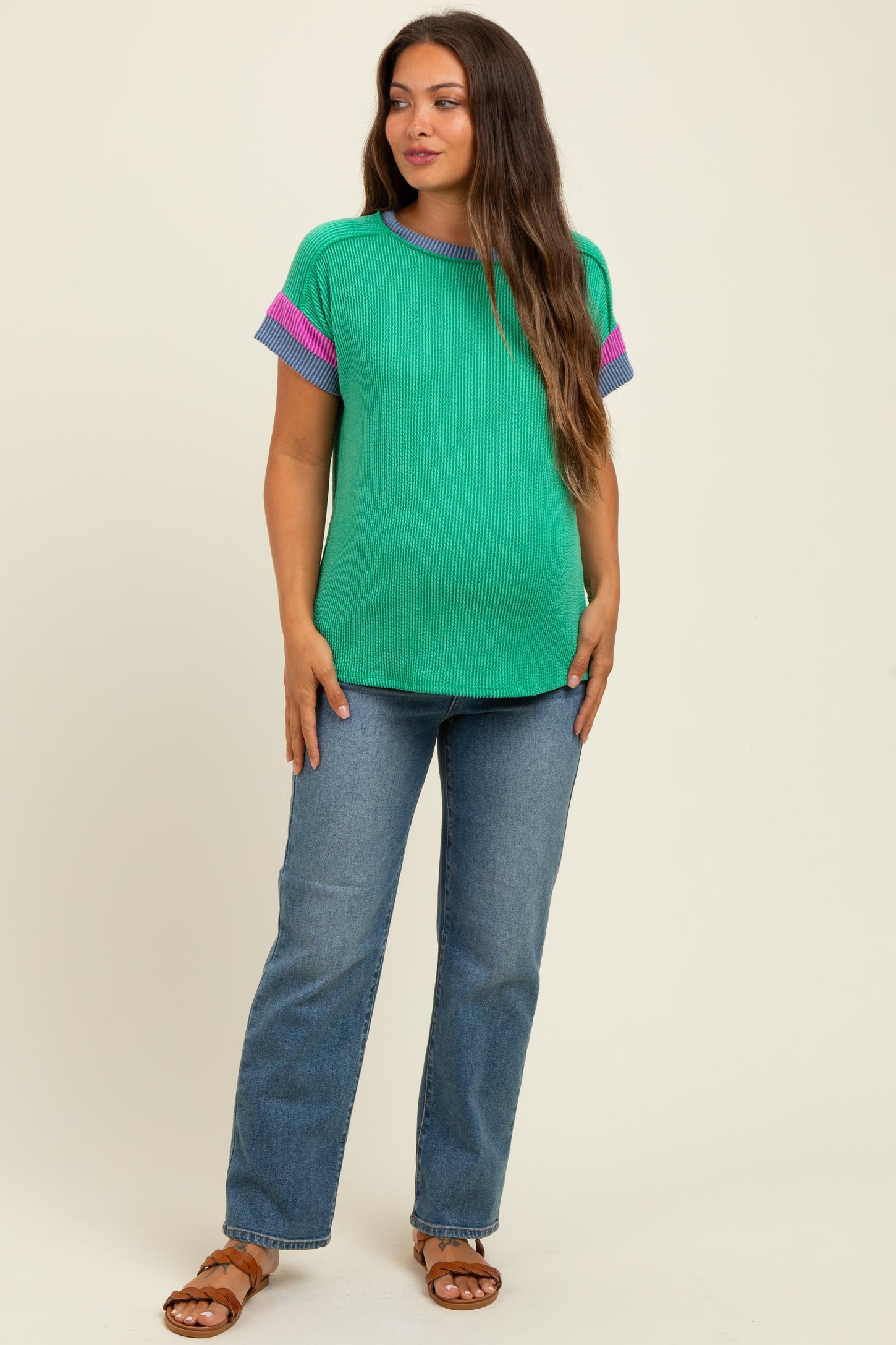 Green Ribbed Colorblock Detail Maternity Short Sleeve Top