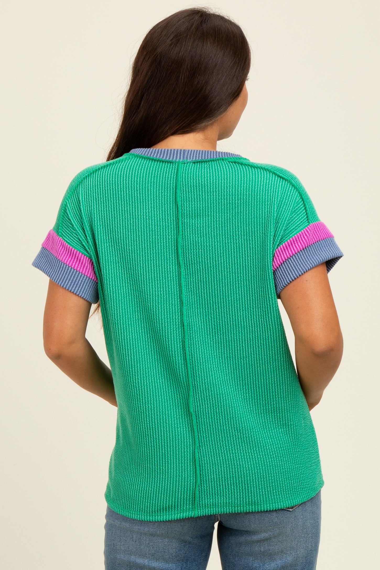 Green Ribbed Colorblock Detail Maternity Short Sleeve Top