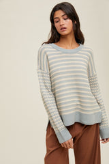 Light Olive Striped Dot Contrast Knit Sweater