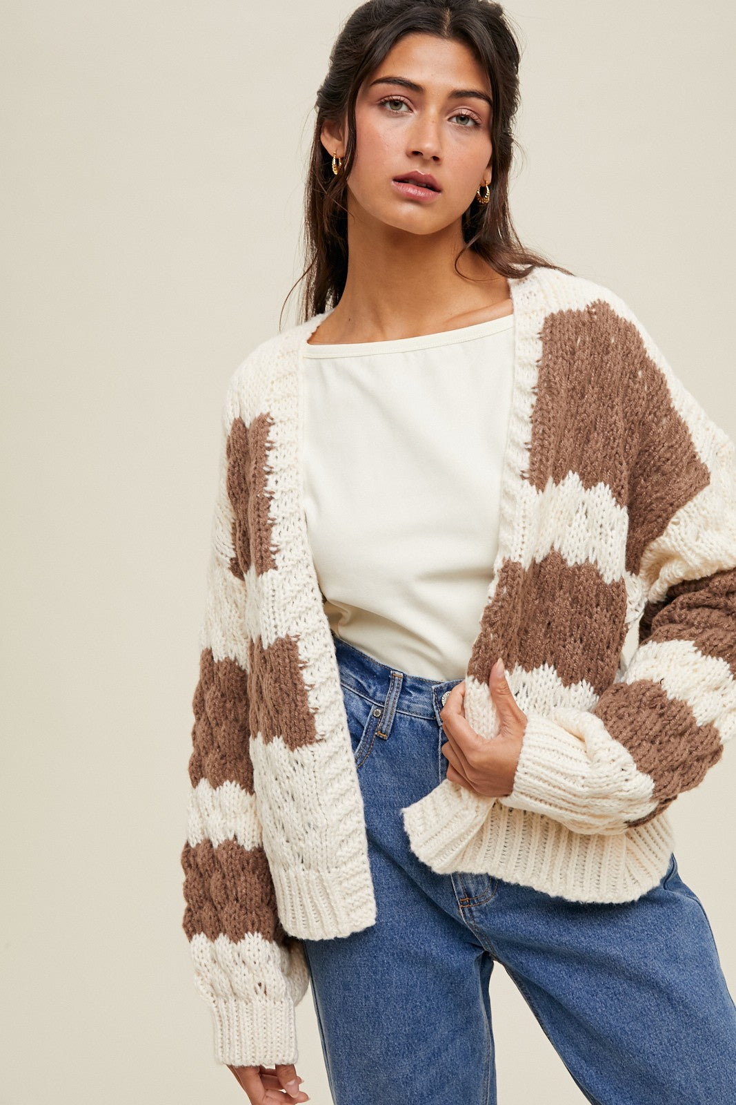 Brown Colorblock Chunky Knit Open Maternity Cardigan