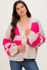 Pink Colorblock Chunky Knit Open Cardigan