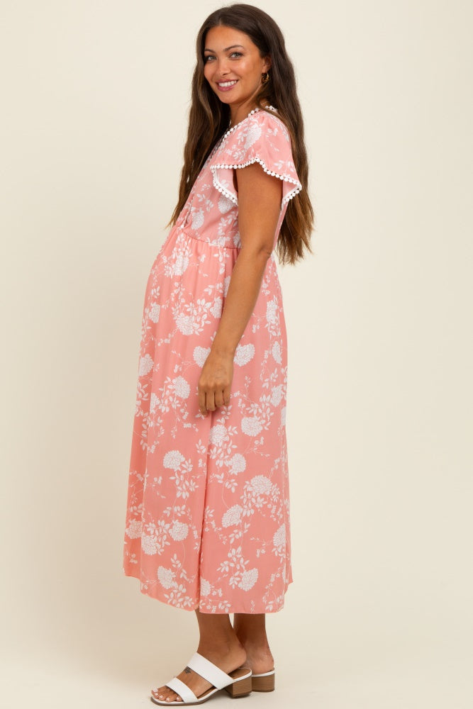 Peach Floral Crochet Trim Maternity Midi Dress