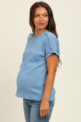 Blue Ribbed Exposed Seam Short Sleeve Maternity Top