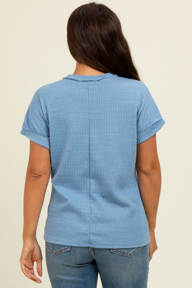 Blue Ribbed Exposed Seam Short Sleeve Maternity Top