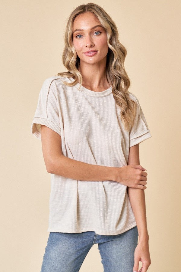 Ivory Ribbed Exposed Seam Short Sleeve Maternity Top