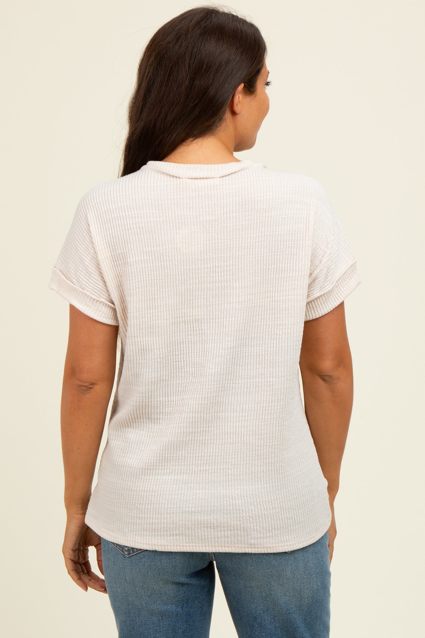 Ivory Ribbed Exposed Seam Short Sleeve Maternity Top
