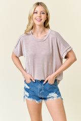 Taupe Ribbed Exposed Seam Short Sleeve Top