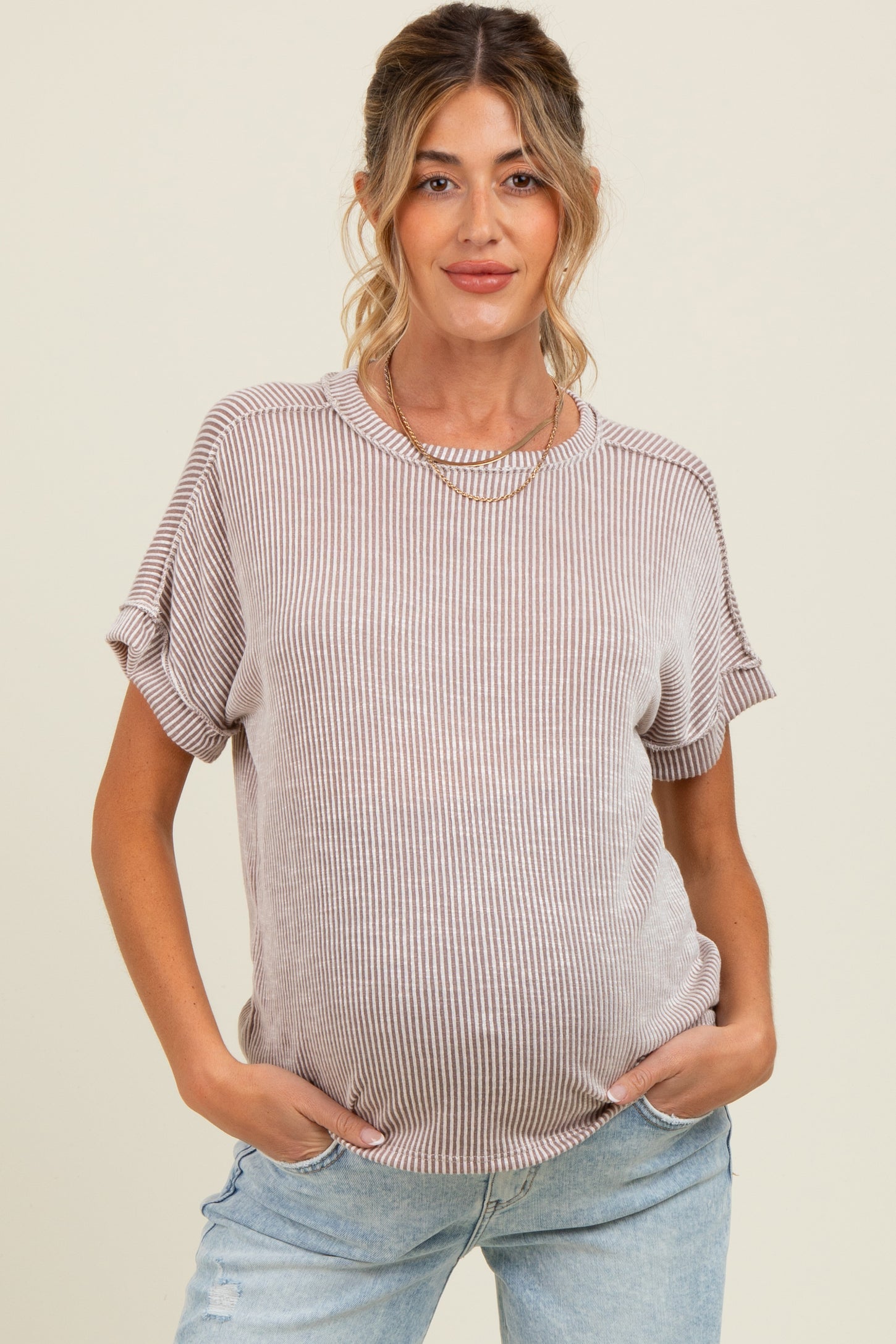 Taupe Ribbed Exposed Seam Maternity Short Sleeve Top