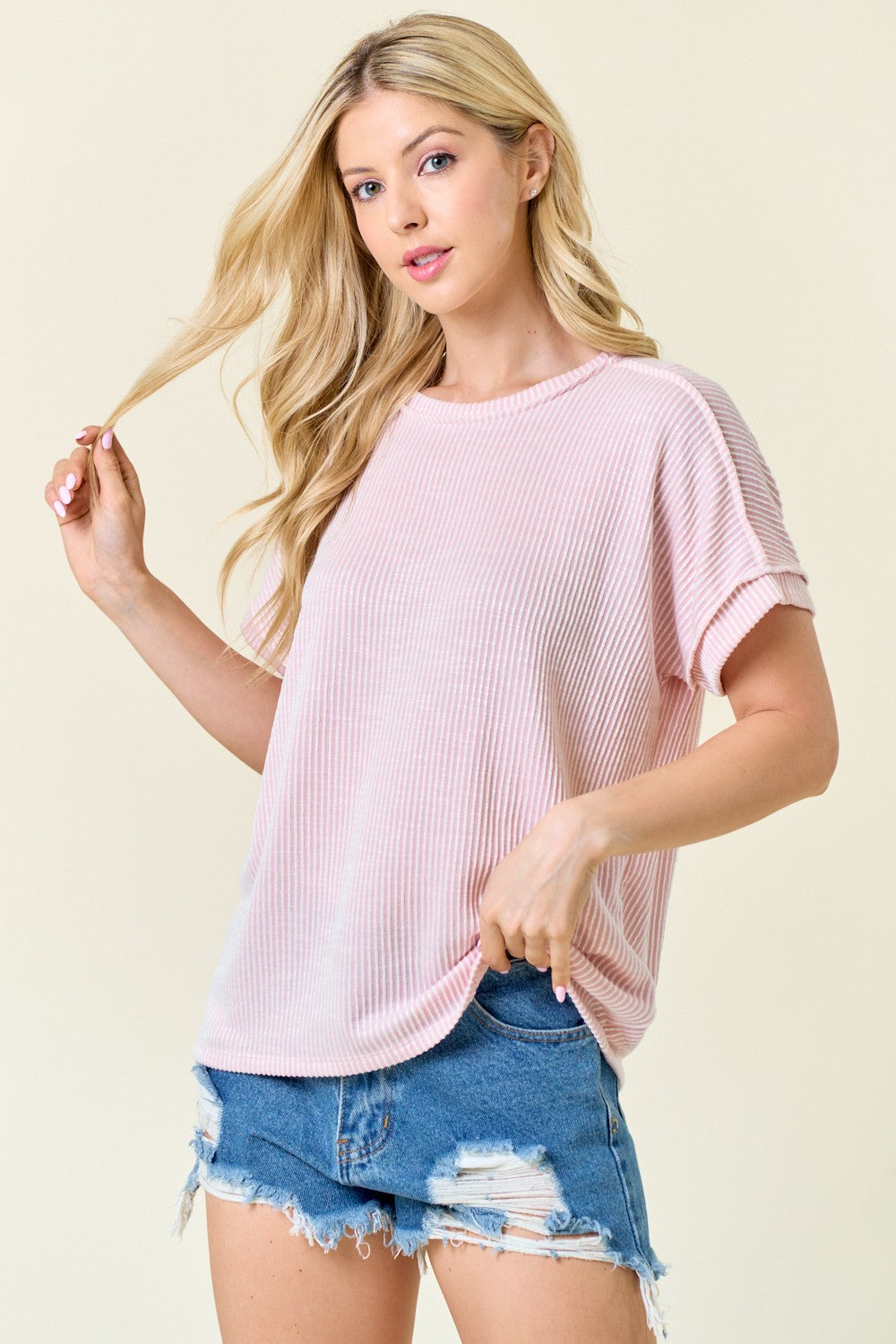 Pink Ribbed Exposed Seam Maternity Short Sleeve Top