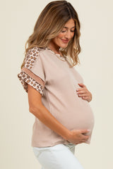 Beige Ribbed Animal Print Colorblock Maternity Short Sleeve Top