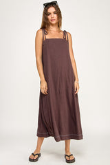 Brown Shoulder Tie Midi Dress