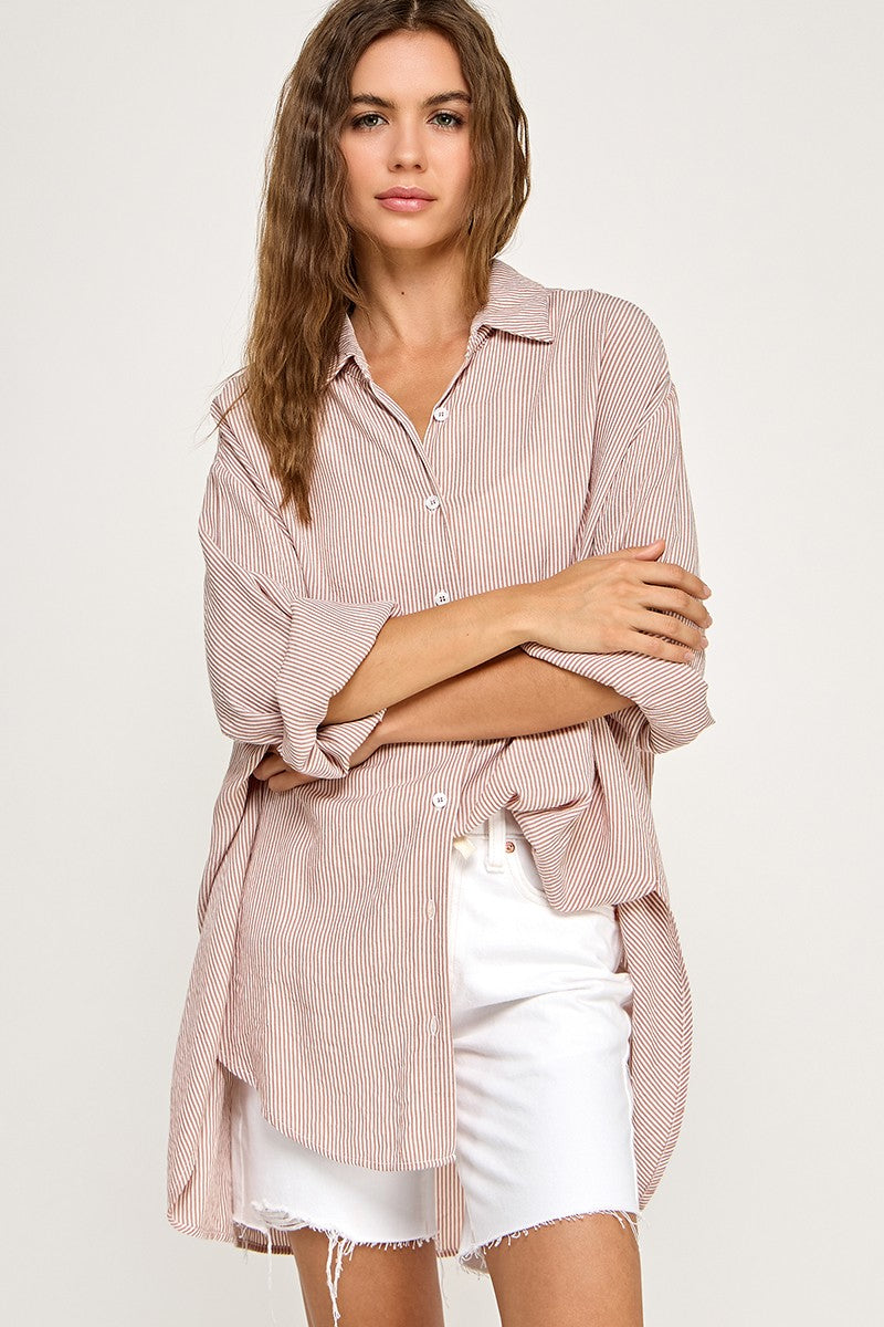 Rust Striped Oversized Button Down Shirt