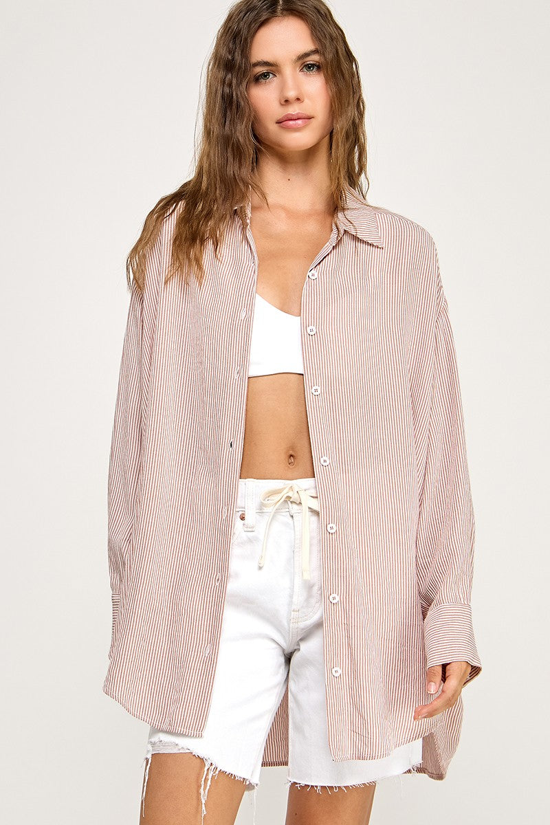 Rust Striped Oversized Button Down Shirt