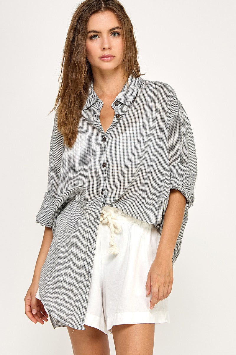 Black Checker Plaid Oversized Button Down Maternity Shirt