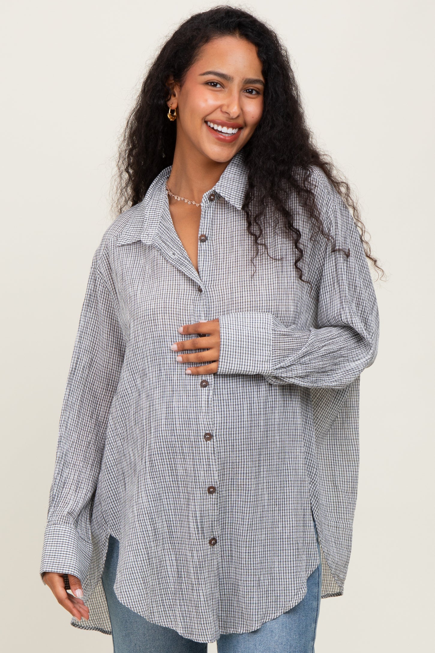 Black Checker Plaid Oversized Button Down Maternity Shirt