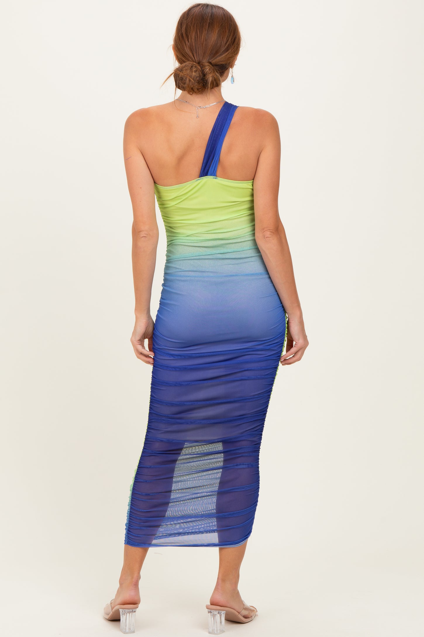 Lime Ombre Mesh One Shoulder Midi Dress