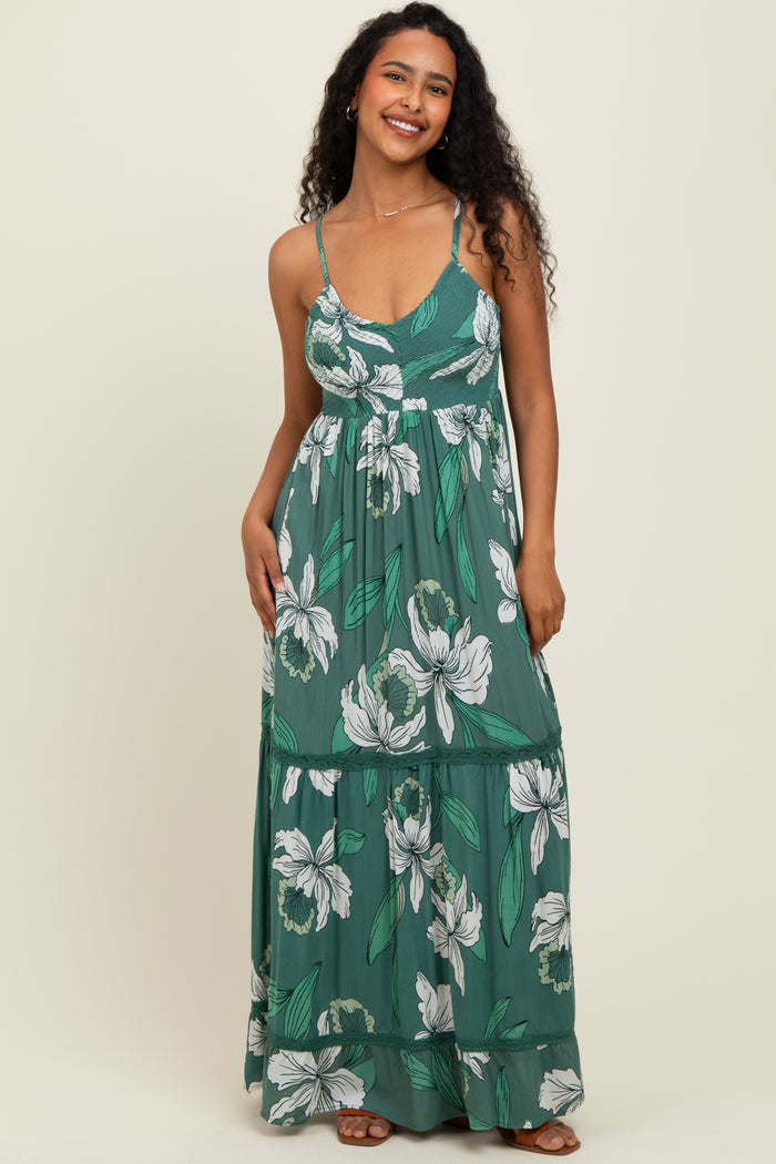 Green Floral V-Neck Smocked Lace Trim Maternity Maxi Dress