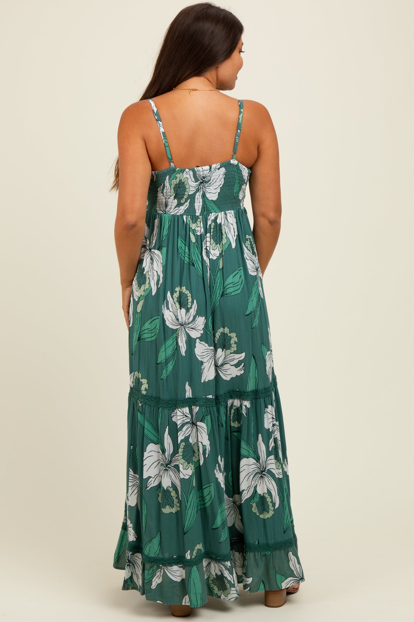 Green Floral V-Neck Smocked Lace Trim Maternity Maxi Dress