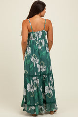 Green Floral V-Neck Smocked Lace Trim Maternity Maxi Dress