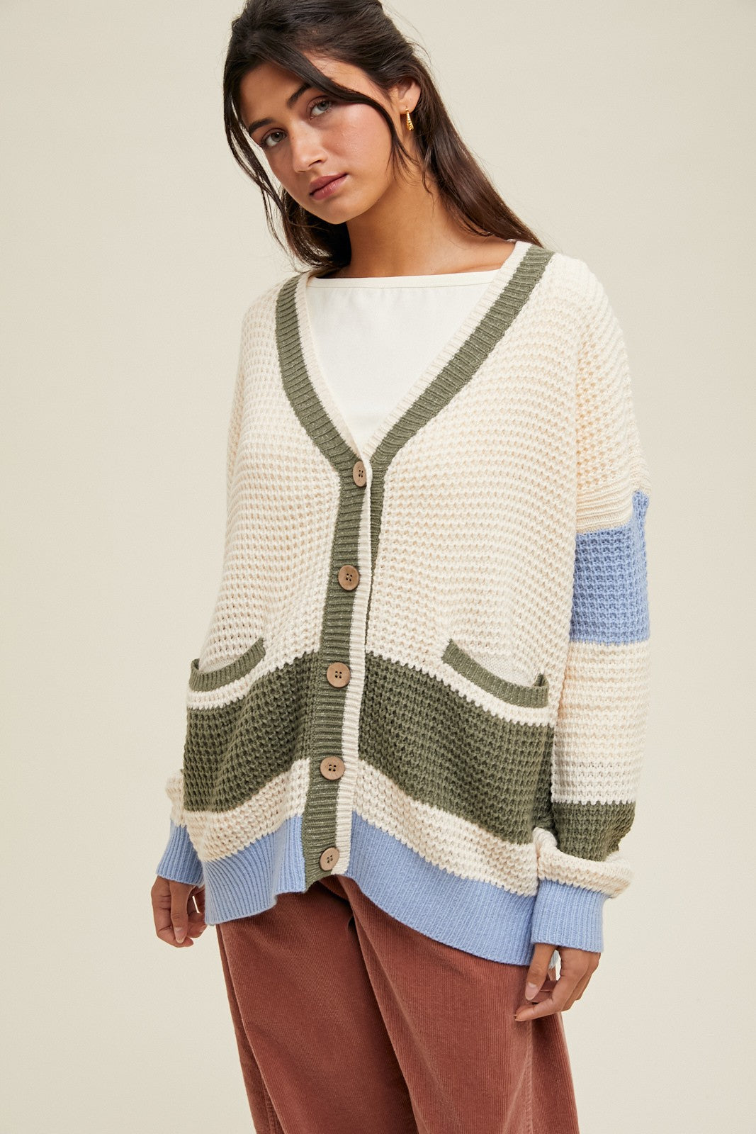 Cream Chunky Knit Colorblock Button-Up Maternity Cardigan