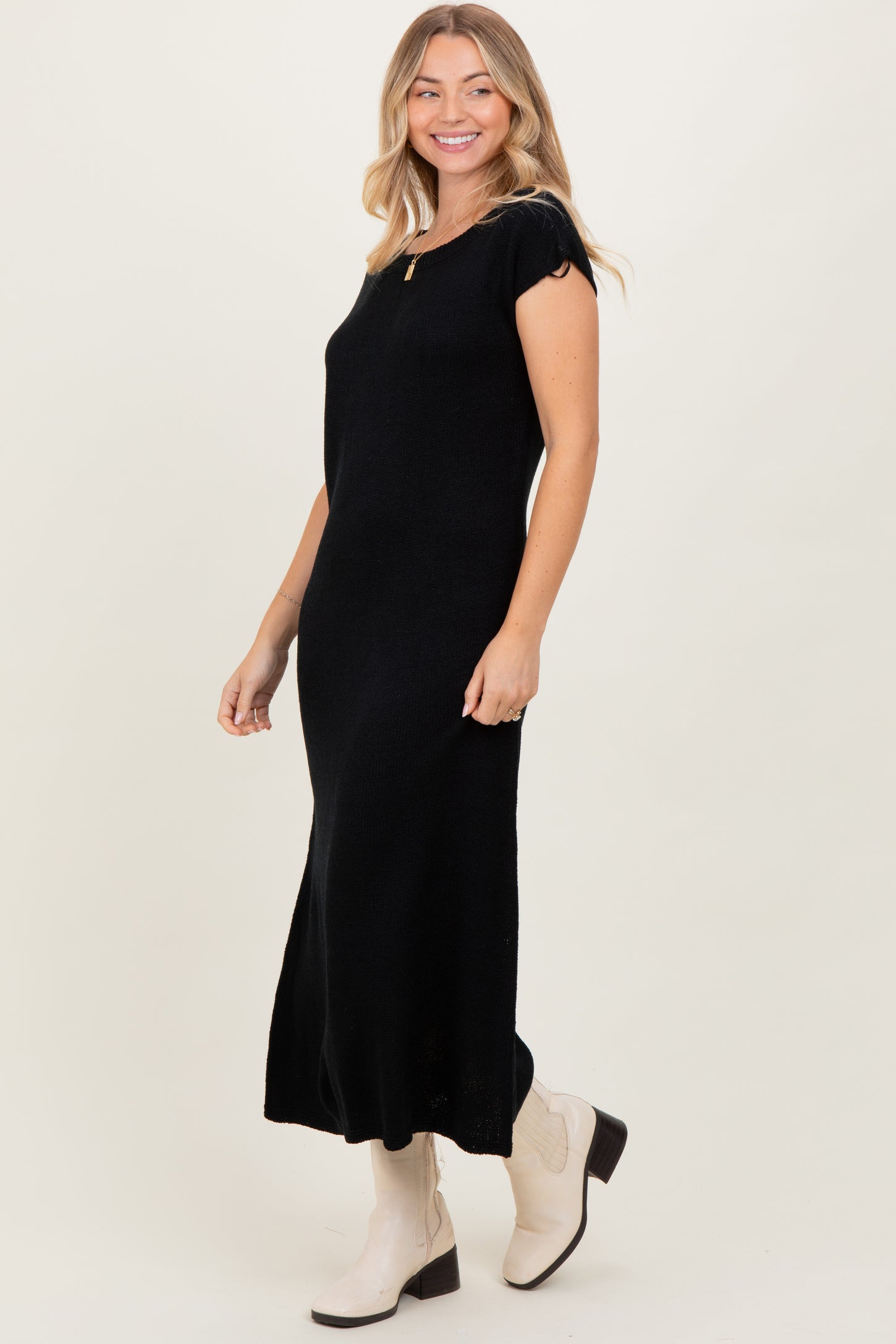 Black Short Sleeve Maxi Sweater Dress