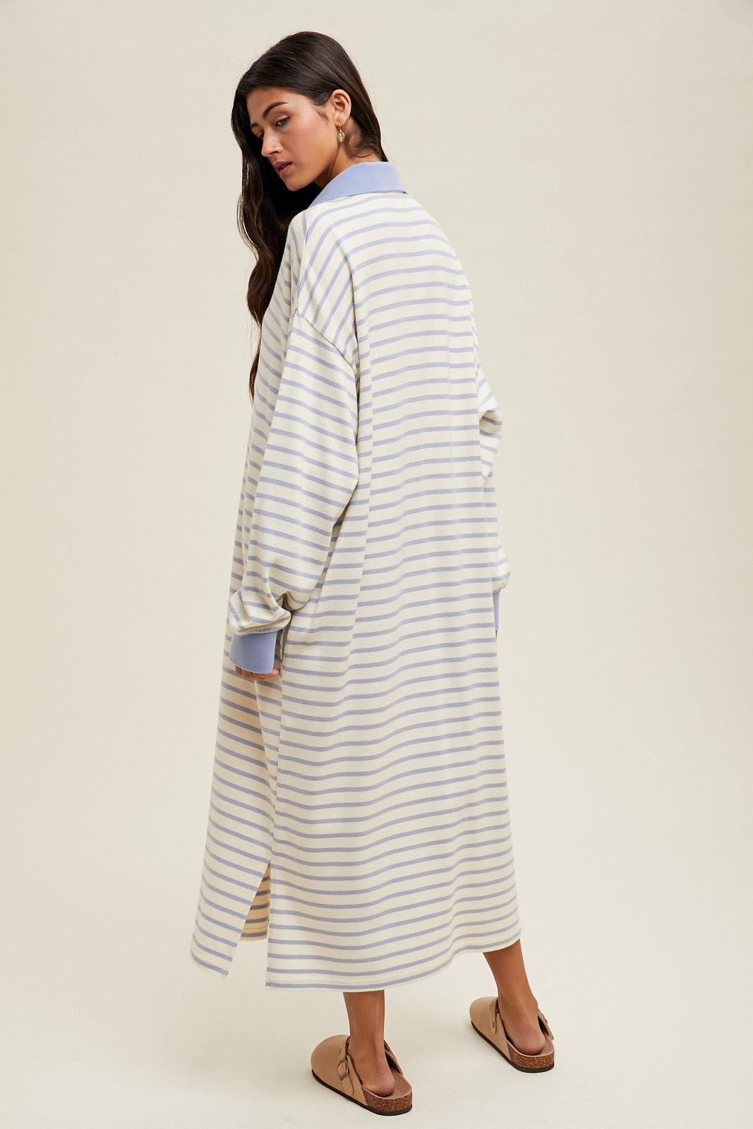 Periwinkle Stripe Snap Button Long Sleeve Midi Dress