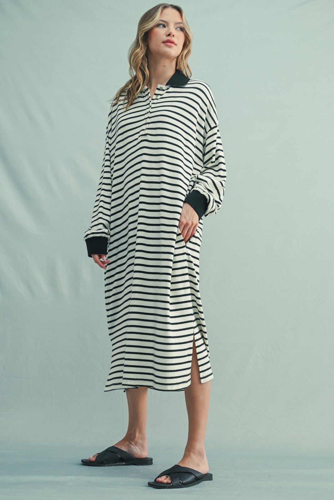 Black Stripe Snap Button Long Sleeve Midi Dress