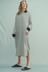 Black Stripe Snap Button Long Sleeve Midi Dress