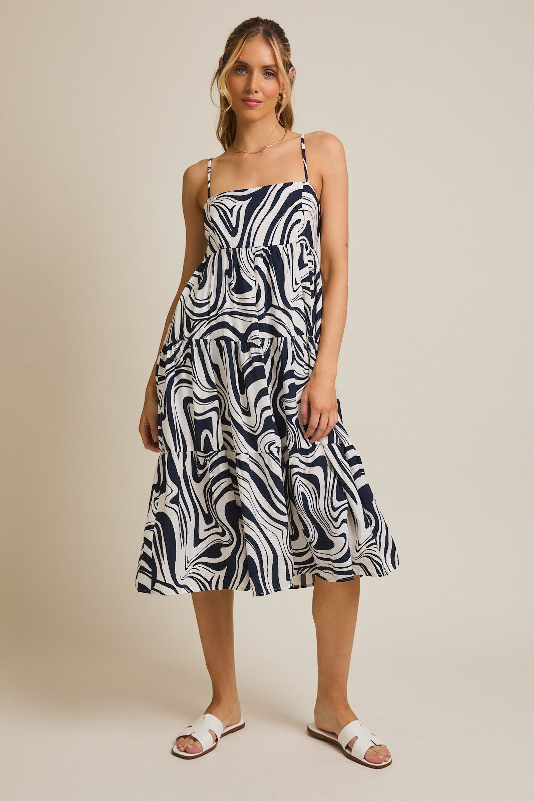 Navy Printed Tiered Sleeveless Maternity Midi Dress