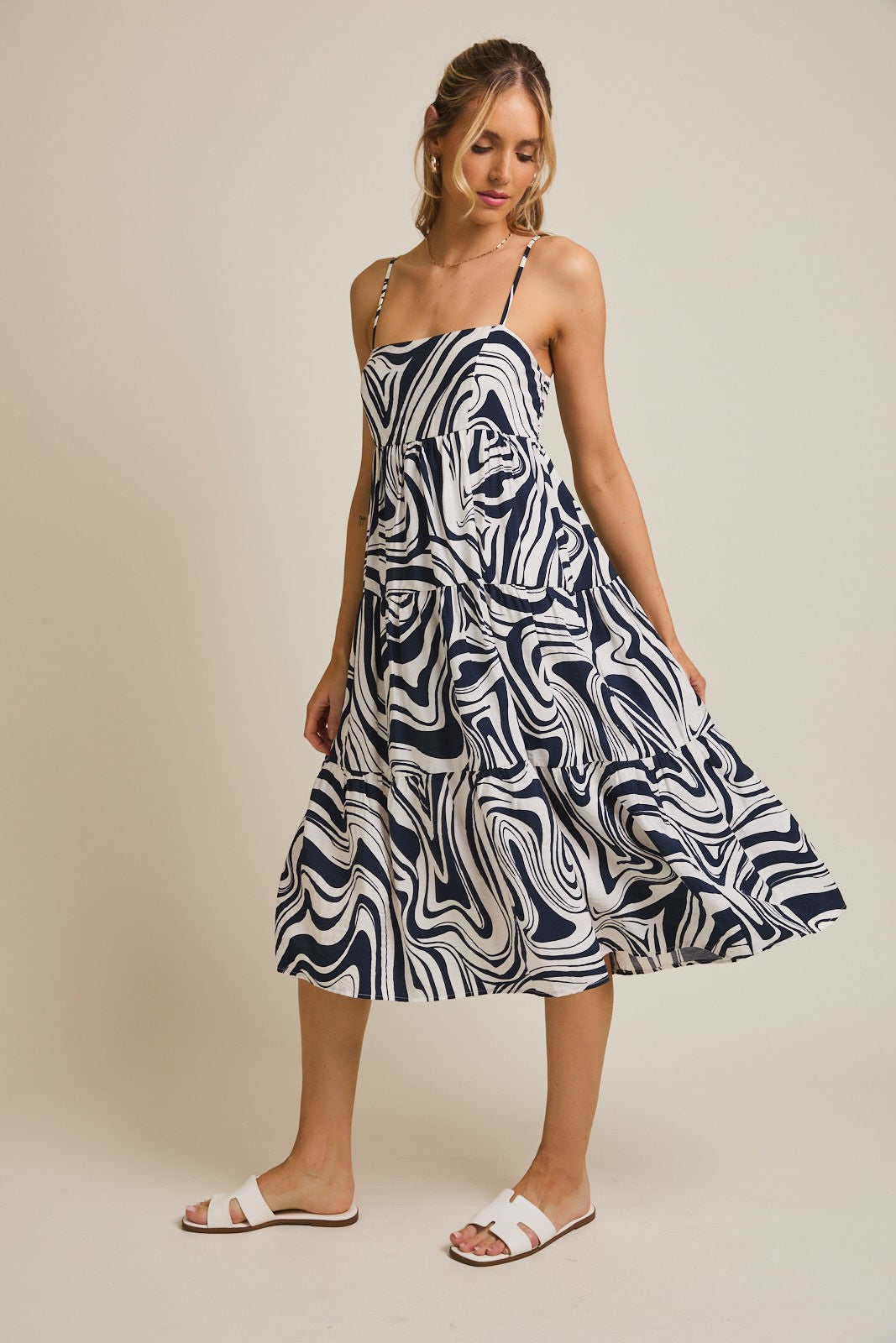 Navy Printed Tiered Sleeveless Midi Dress