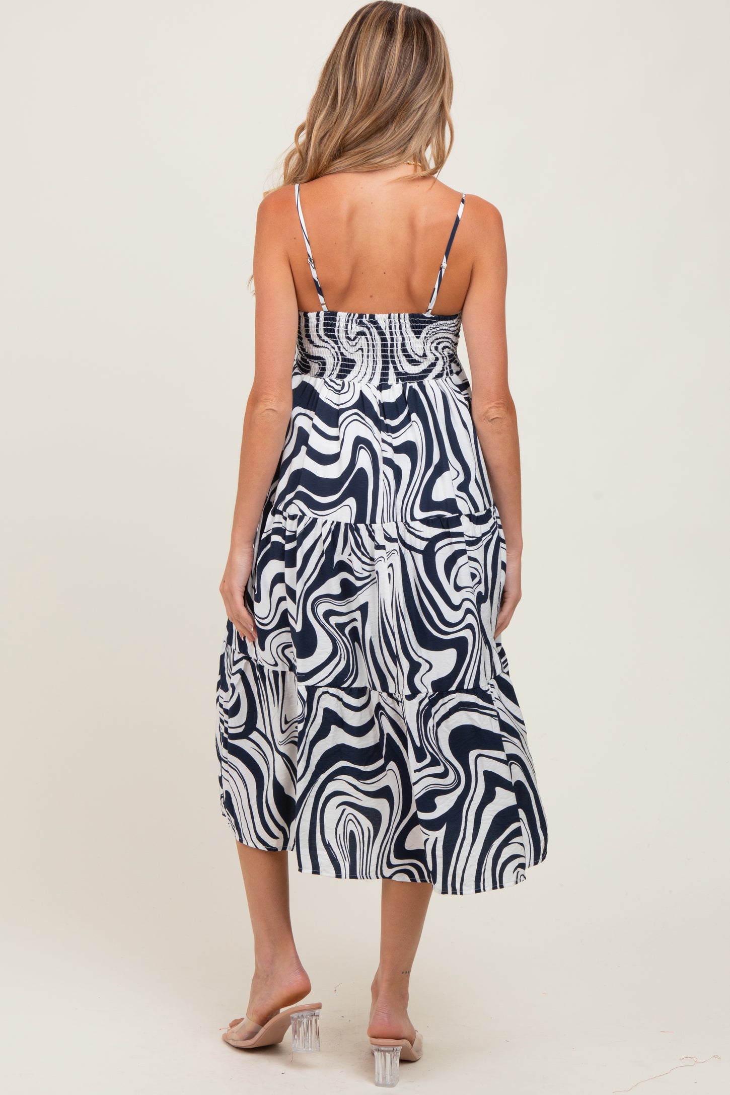 Navy Printed Tiered Sleeveless Maternity Midi Dress