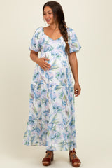 Blue Floral Chiffon Puff Sleeve Maternity Midi Dress