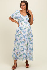 Blue Floral Chiffon Puff Sleeve Maternity Midi Dress