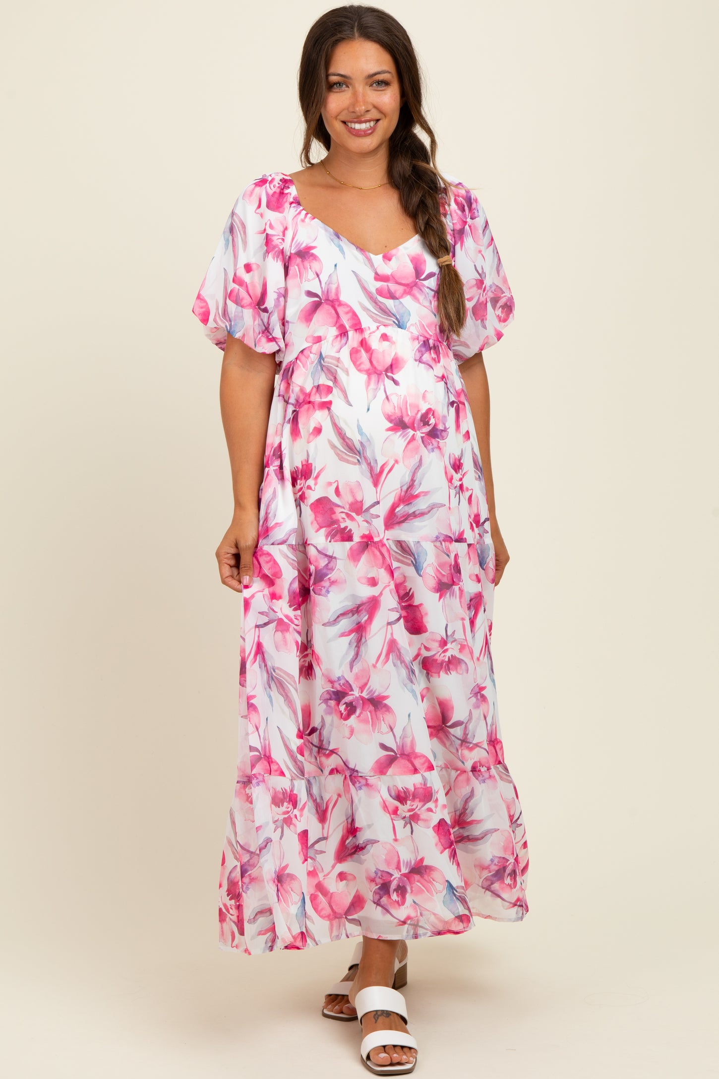 Pink Floral Chiffon Puff Sleeve Maternity Midi Dress