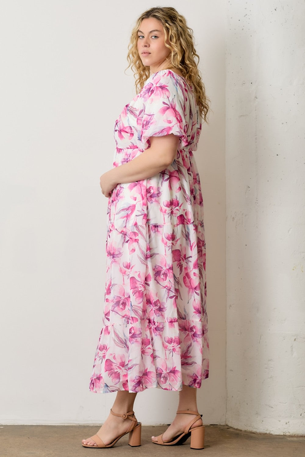 Pink Floral Chiffon Puff Sleeve Plus Midi Dress