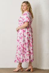 Pink Floral Chiffon Puff Sleeve Plus Midi Dress