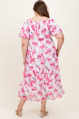 Pink Floral Chiffon Puff Sleeve Maternity Plus Midi Dress