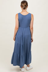 Navy Blue Solid Tiered French Terry Maternity Maxi Dress