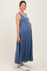 Navy Blue Solid Tiered French Terry Maternity Maxi Dress