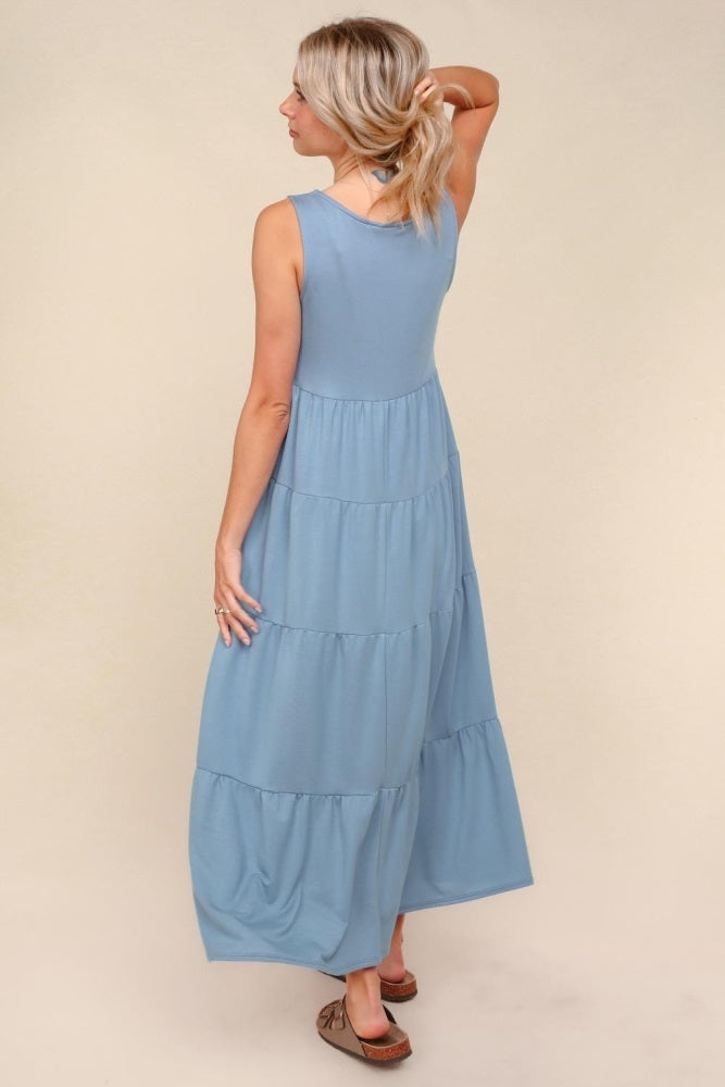 Light Blue Solid Tiered French Terry Maxi Dress