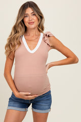 Beige/ Ivory Solid Ribbed Ruffle Sleeve Fitted Maternity Top