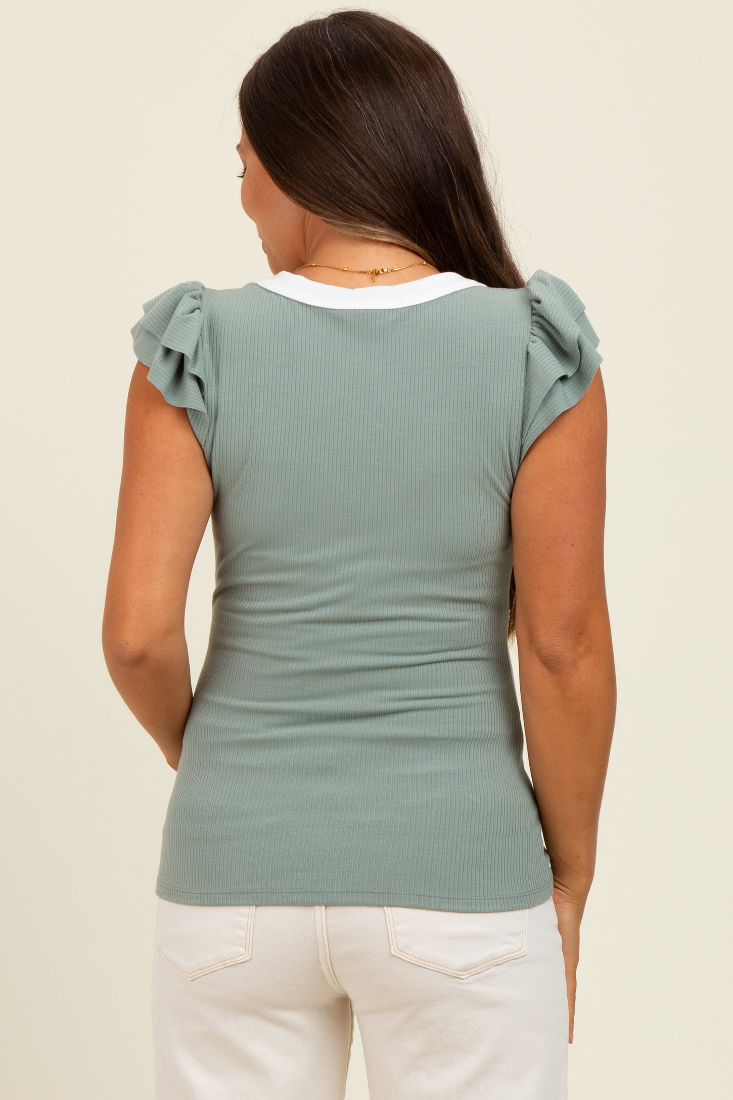 Sage/ Ivory Solid Ribbed Ruffle Sleeve Fitted Maternity Top