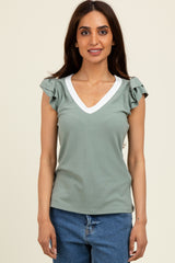 Sage/ Ivory Solid Ribbed Ruffle Sleeve Fitted Top
