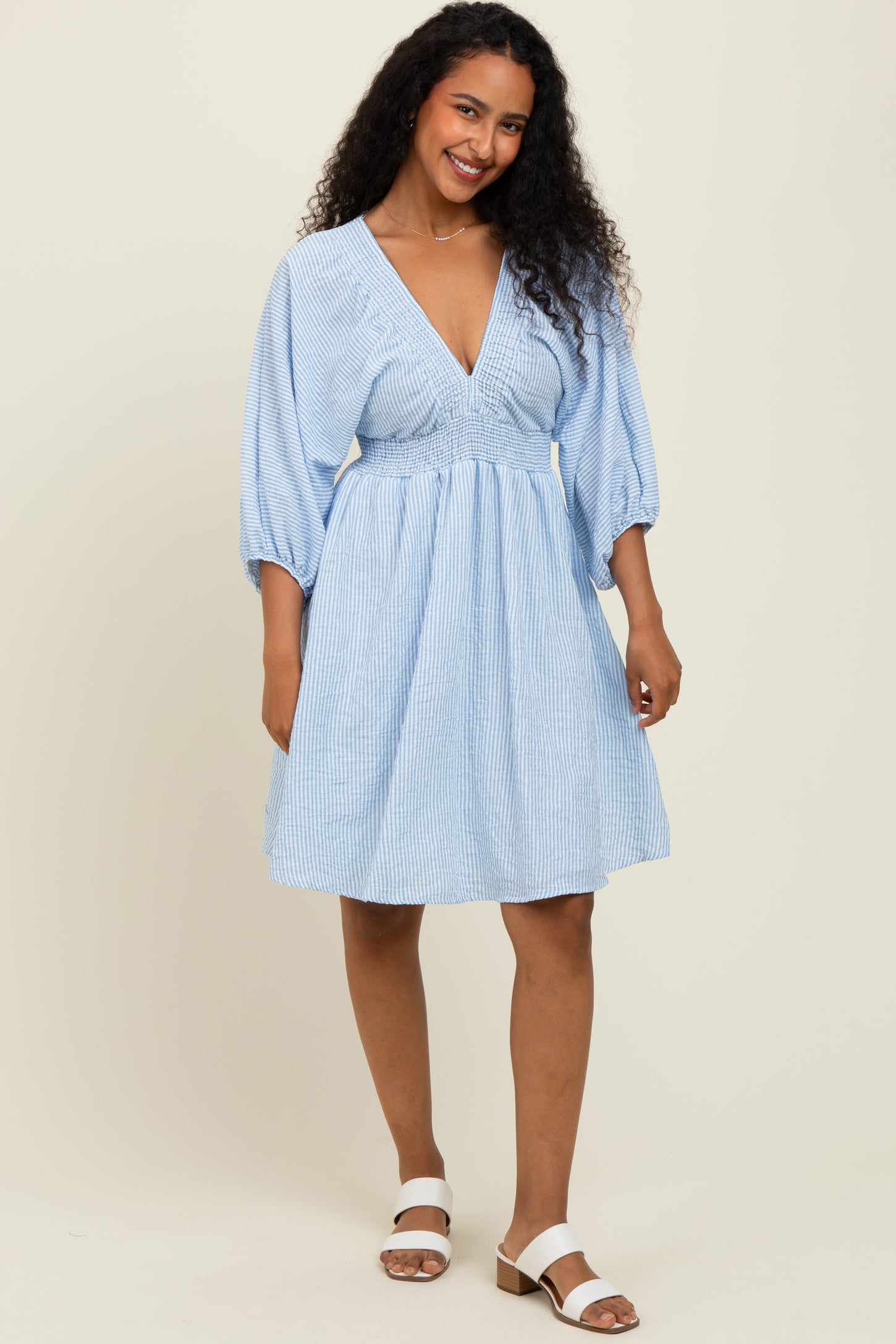 Blue Striped Balloon Sleeve V-Neck Dress