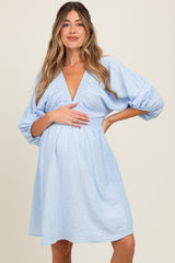 Blue Striped Balloon Sleeve V-Neck Maternity Dress