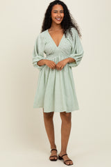 Sage Striped Balloon Sleeve V-Neck Maternity Dress