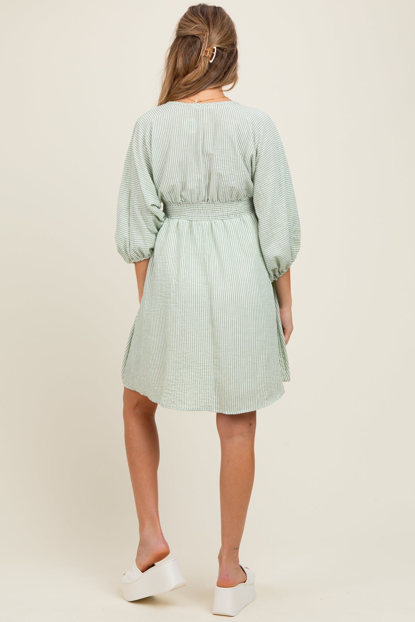 Sage Striped Balloon Sleeve V-Neck Maternity Dress