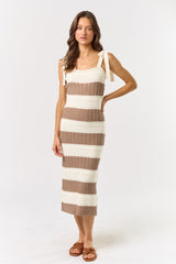 Taupe Mixed Cable Knit Colorblock Shoulder Tie Maternity Midi Dress